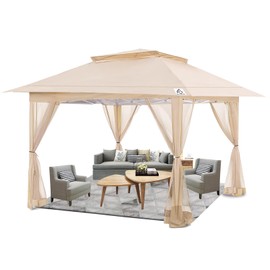 HEYTENT Gazebo 12'x12' Outdoor Gazebo, Pop Up Patio Gazebo with 4 Sidewalls Mosquito Netting, Heavy Duty Gazebo Canopy Tent with Double Air Roofs for Backyard Garden Parties and Events, Beige