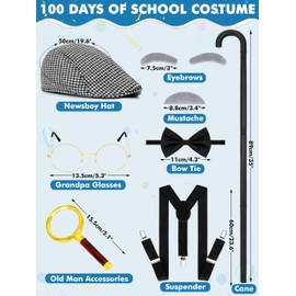 Luces Luces 100 Days of School Costume, Boys Old Man Costume Glasses Hat Cane, Kids Cosplay Grandpa Cosplay Outfit Accessories