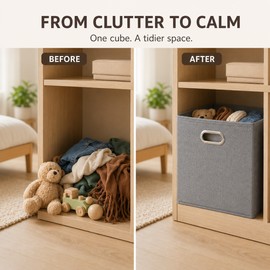 Foldable Fabric Storage Cube Bin with Metal Handles, Gray