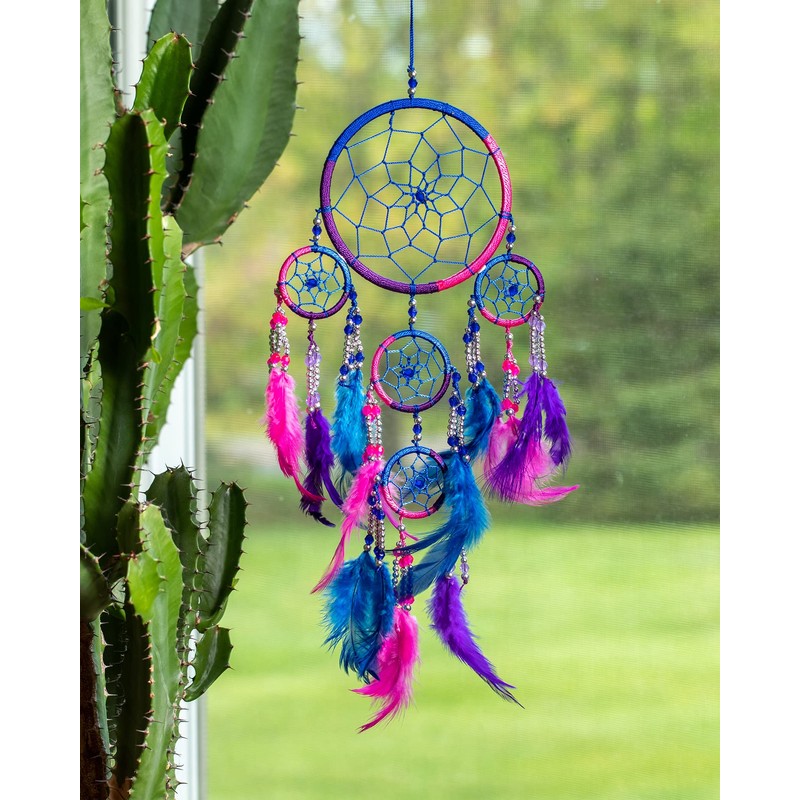 Pink Pineapple Dreamcatcher Colourful with Feathers and Silver Beads: Handmade