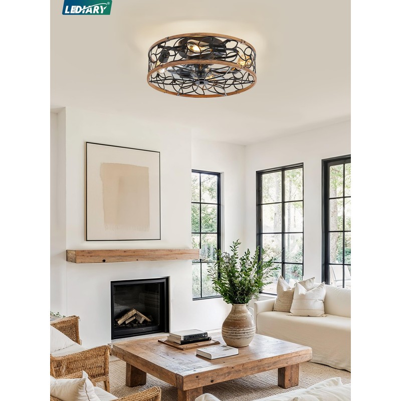 LEDIARY Caged Ceiling Fans with Lights, Farmhouse Flush Mount Ceiling