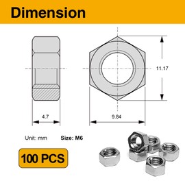 Mrosnail 100PCS M6 Hex Nuts Assortment Kit, 304 Stainless Steel - Heavy-Duty Construction Fasteners for DIY Projects and Professional Use