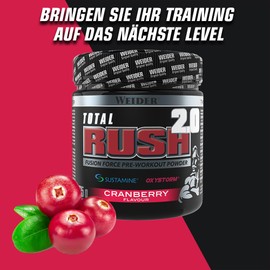 WEIDER Total RUSH 2.0 Pre-Workout Booster für mehr Leistung im Gym, hochdosierter Trainingsbooster, Fokus & Pump Booster mit Koffein, Kreatin, L-Citrullin, L-Arginin und mehr, 375g, Cranberry