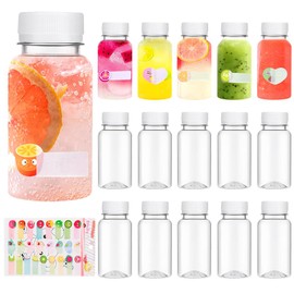 QHSXMQ Pack of 15 Juice Bottles for Filling 100 ml, Reusable PET Juice Bottles Plastic with Lid, Mini Plastic Bottle with Sticker, Juice Bottles for Juice Water Drinks (White)