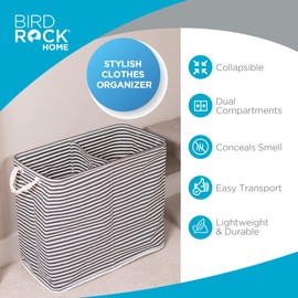 BIRDROCK HOME Dual Laundry Hamper, Collapsible Split Basket Sorter for Divided Clothes, Dirty Clothes Organizer Bag, Essential Stuff for Bedroom, Dorm, Kids Room - 112L, Grey & White Stripes