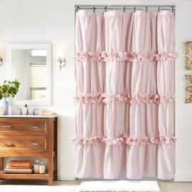 Homechoice Decor Peach Pink Ruffle Shower Curtain, Vintage Handcrafted Bow Tie Bath Curtain for Master Bathroom, Ruched Microfiber Bathroom Curtain with 8 Buttonholes, 48" W x 72" H (LQ-10)
