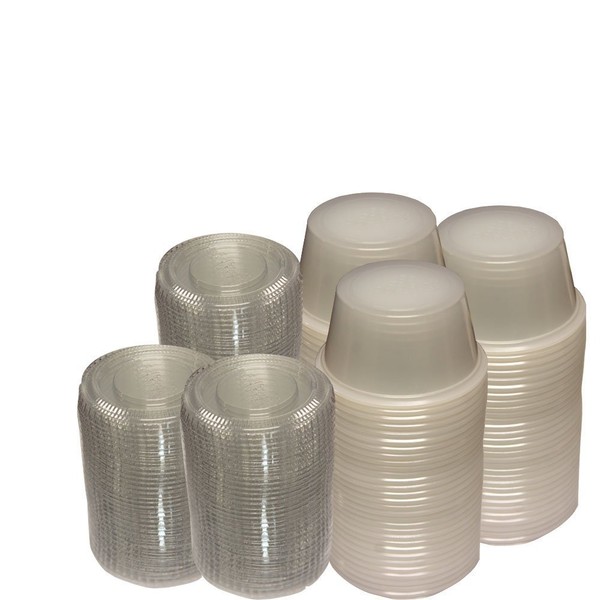 Primebaker 100 Count Durable Translucent Plastic Cups – Shot, Jello, Soufflé, Portion Disposable Cups – With Lids (2 oz)
