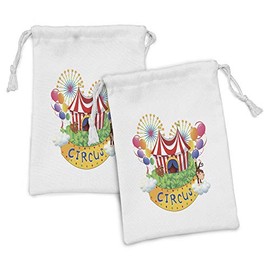 Lunarable Circus Fabric Pouch Set of 2, Carnival with a Circus Signboard Cirque Leaves Plants Fireworks Monkey Animal Print, Small Drawstring Bag for Toiletries Masks and Favors, 9" x 6", Multicolor