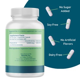 BESTVITE Vitamin B12 (Methylcobalamin) 5000mcg (480 Vegetarian Capsules)(2 x 240) (Methyl B12) - No Stearates - Vegan - Non GMO - Gluten Free