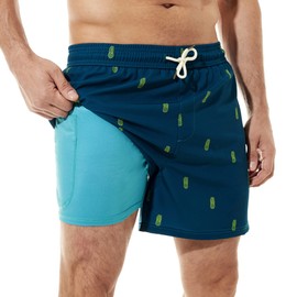 BRISIRA - Traje de baño para hombre, secado rápido, 5 pulgadas, con entrepierna elástica, con forro de compresión, bolsillo con cierre, Azul Amarillo (Pineapple), 40