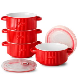 Seyatoo Soup Bowl with Handle, Ceramic French Onion Soup Bowl with Lid, Microwavable Bowls with Lid Set of 4 for Soup, Cereal, Oatmeal, Red