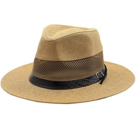 masanoya Mesh Class Wide Brim Straw Panama Fedora Hat Jazz Hat for Men Women Sun Hat Summer Beach Hat (Paper Straw, Khaki)