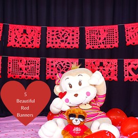 Fiesta Connect Red Valentine's Day Banner, Valentines day decorations for party, Valentines day garland made from Red tissue paper, San Valentin Papel Picado 5 banners included | 60 feet total