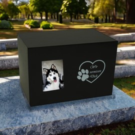 petbye Wooden Pet Urn with Photo Frame - 18 x 12 x 12 cm Black Decorative Real Wood Ash Urn for Pets Dogs Cats with Paws Engraving and Space for Photo P-14912