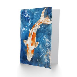 Artery8 Greeting Card Japanese Koi Carp Fish in Pond Watercolour Splat Blank For Him Or Her Art Birthday Card