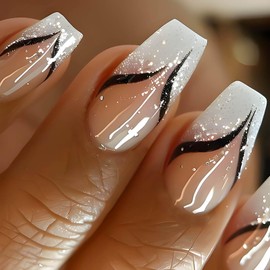 RUOKEXIN Coffin Press on Nails French Tip Fake Nails Medium False Nails with Glitter Designs Medium Coffin Nail Press ons Nude Full Cover Glue on Nails Cute Stick on Nails for Women 24Pcs