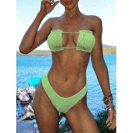 ZAFUL Off Shoulder Bandeau Bikini Set High Cut Drawstring Ruffle Swimwear for Women, light green