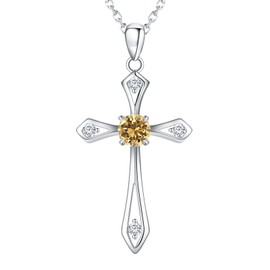 Cross Necklace for Women ,925 Sterling Silver Birthstone Necklace,Citrine-November Birthstone Cross pendant jewelry ,Faith Religious Fine Jewelry Valentines Day Gifts Birthday Holiday Gifts for Her