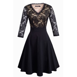 HOMEYEE Women's Chic V-Neck Lace Patchwork Flare Party Dress A062 (8, Black)