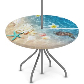 OMFUNS Beach Starfish Round Tablecloth with Umbrella Hole and Zipper Ocean Sea Outdoor Fitted Table Cover for Patio Picnic BBQS Elastic Edged Table Cloth Fit Table up to 36"-44"