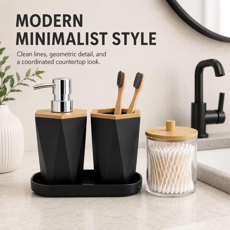 LGURT 4pc Hexagonal Black Bathroom Set, Soap Dispenser with Bamboo