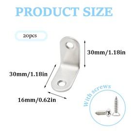 CEEYSEE Pack of 20 Corner Brackets 30 x 30 mm L-shaped Bracket 90 Degree Stainless Steel Angle Connector with 40 Screws for DIY Projects Furniture Chair Table Bookshelf Attachment Angle Bracket with