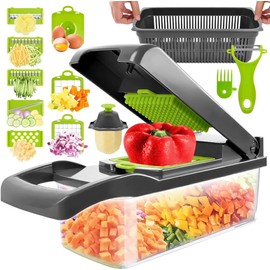 Vegetable Chopper Multifunctional 16-in-1 Food Choppers Onion Vegetable Slicer Cutter Dicer Firm and Hard press down chopper with 8 Blades, Colander Basket Container for Salad Potato Carrot Garlic
