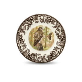 Spode Woodland American Wildlife Red-Tailed Hawk Salad Plate - Rustic Table Accent, Ideal for Salad, Dessert or Appetizers with 8" Diameter - Fine Earthenware, British Flowers Border, Made in England