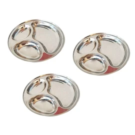 Satre Online and Marketing Stainless Steel 3 Compartment Lunch Plate Set Pavbhaji Plate Thali Dinner Plate Set of 3