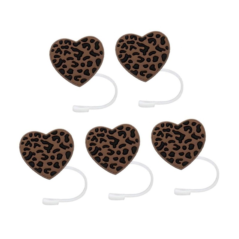 ROYALEAD 5pcs Straw Lid for Cups Heart-shaped Leopard Print Silicone