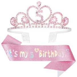 CIEHER 5th Birthday Decorations for Girls - 5th Birthday Crown and Sash with Pearl Pin Set - Pink