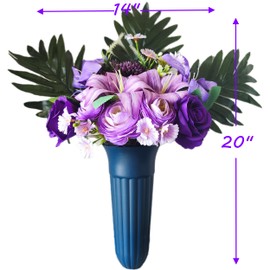 Pre-Made Artificial Cemetery Flowers with Vase for Grave Decorations, Rose, Sunflower, Mum Orchid Cemetery Bouquet with Stake Base - Perfect for Memorials and Home Decor (Purple)