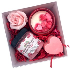 Luxury Bath Gift Set for Women - Gentle Raspberry Sugar Scrub, Strawberry Shea Butter Soap, Bella's Kiss Candle in Glass Jar - Spa Gift Basket in White Box Gift for Her