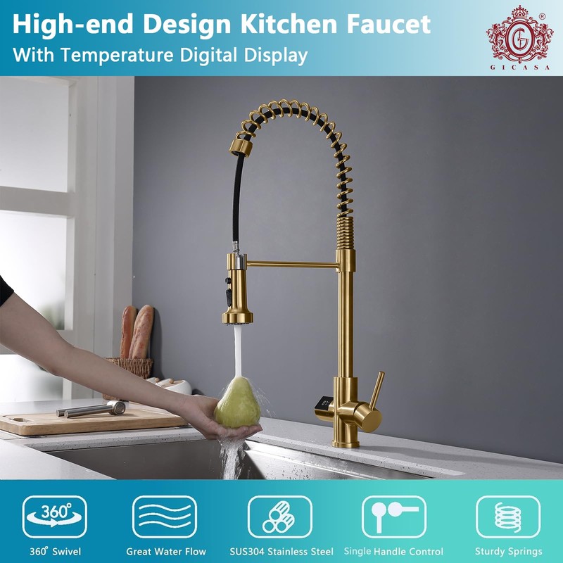 GICASA Kitchen Faucet with Temperature Digital Display, 304 Stainless Steel