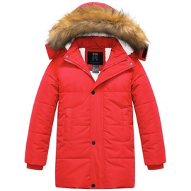 CREATMO US Boys Long Stylish Winter Outdoor Coats Heavyweight Sherpa Fleece Parka Water Resistant Windbreaker Red 6-7