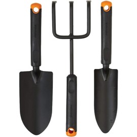 Fiskars - Juego de herramientas de jardín de 3 piezas, paleta, trasplantador, cultivador, cabezales de acero resistentes al óxido, asas ergonómicas para plantar, excavar y airear el piso