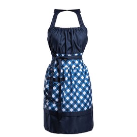 Alex Virtue Lovely Flower Pattern Retro Aprons With Large Pockets for Women Girls Cooking Kitchen Bakery Mother's Gift, Blue Plaid, 28.5 inch x 26.4 inch