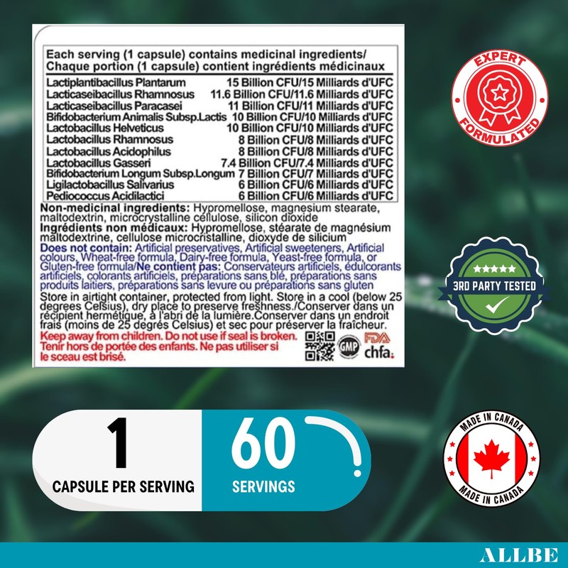ALLBE ProbioCan 100 Billion CFU, 60 Probiotic Capsules with Lactiplantibacilus