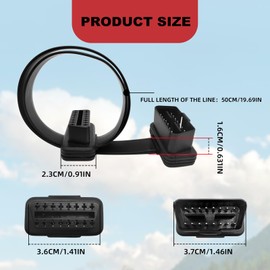 Female Extension Cable Flat Ribbon Cable - Full 16pin OBD II OBD2 Male - 19.6inch/50cm Long