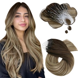 Moresoo Micro Beads Hair Extensions 18 inch Micro Hair Extensions Human Hair Balayage Ash Brown to Medium Brown with Bleach Blonde Micro Link Hair Extensions for Wedding 50G 50S