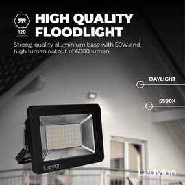 Ledvion Osram LED Spotlight, 50 Watt LED Floodlight, 6500 K Spotlight, 4250 Lumen Work Lighting, Outdoor Spotlight IP65 Waterproof, Floodlight with Quick Connection