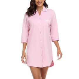 COLORFULLEAF 100% Cotton Women's Nightdress Button Down Nightshirts 3/4 Sleeve Sleep Dress Soft Sleepwear Loungewear Summer Nightgown (Pink,M)