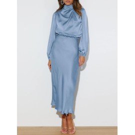 Women's Elegant Long Sleeve Satin Dress Mock Neck Elastic Waist Cocktail Party Wedding Guest Midi Dresses Sky Blue XL