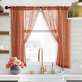 SHINELAND Boho Curtains for Kitchen Window,Burnt Orange Rustic Linen Jute Look Sheer Short Curtains for Windows Bedroom Bathroom,48 Inch Length,2 Panels Set