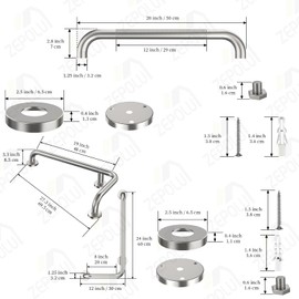 Brushed Nickel L-Shaped Grab Bar 12x24 Inch + Knurled Shower Grab Rail 20 Inch, Zepolu Stainless Steel Toilet Safety Bar 90 Degree, Angled Balance Support Assist Bar, Bathroom Mobility Aid Handrail