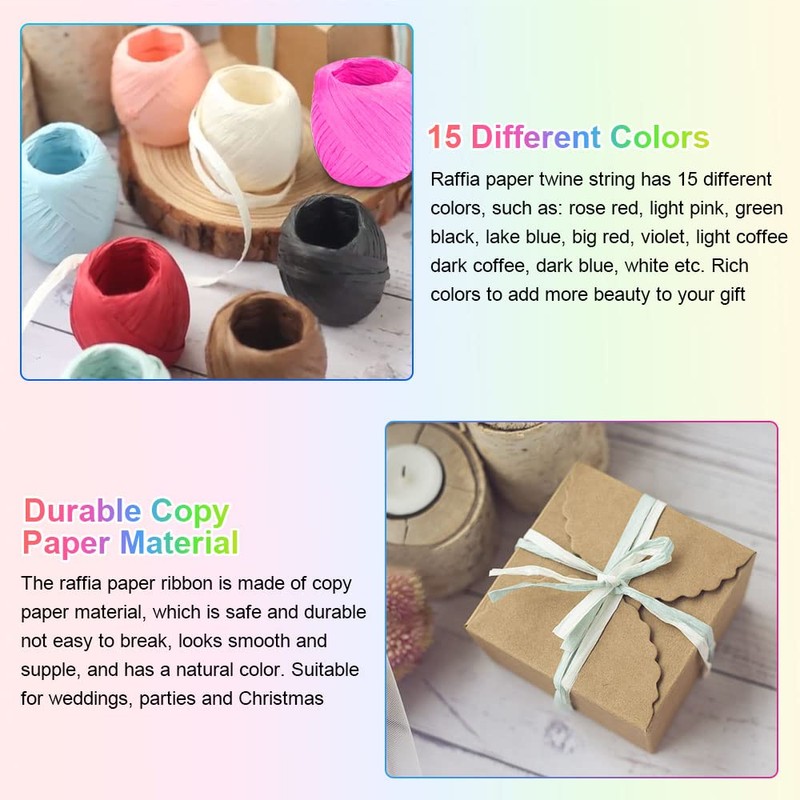 SIYINGSAERY 15 Rolls Raffia Paper Ribbon Twine Strings 15 Colours