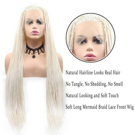 Platinum Blonde Braided Wigs for Afro Women Long Straight White Box Braid Wig Pre-Plucked Hairline Micro Glueless Synthetic Braids Lace Front Wig Heat Resistant Soft Braiding Hair Cosplay Daily 26Inch
