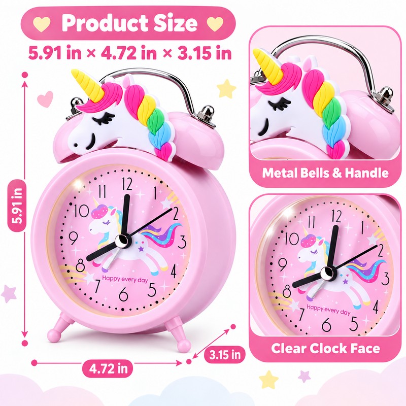 Pink Unicorn Kids Alarm Clock – Cute Double Bell Bedside