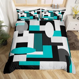 Feelyou - Juego de ropa de cama geométrica para niños, color verde azulado y negro, juego de funda de edredón para niños y niñas, funda de edredón cuadrada con geometría rectangular, moderna de arte