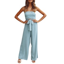 SEMATOMALA Mameluco largo de pierna ancha para mujer, sin tirantes, hombros descubiertos, recortado, cintura con nudo y cinturón, Azul claro, L